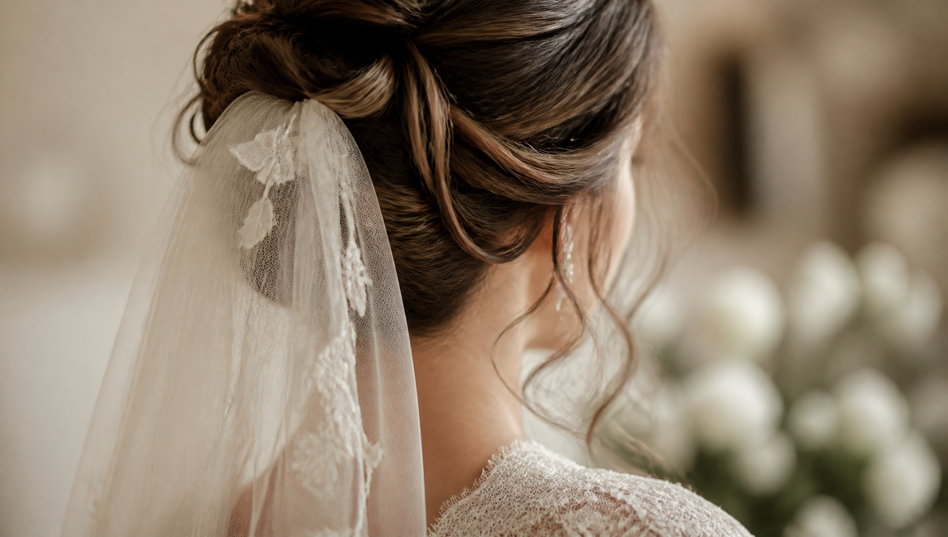 Close-up of a bride's hair with a delicate wedding veil