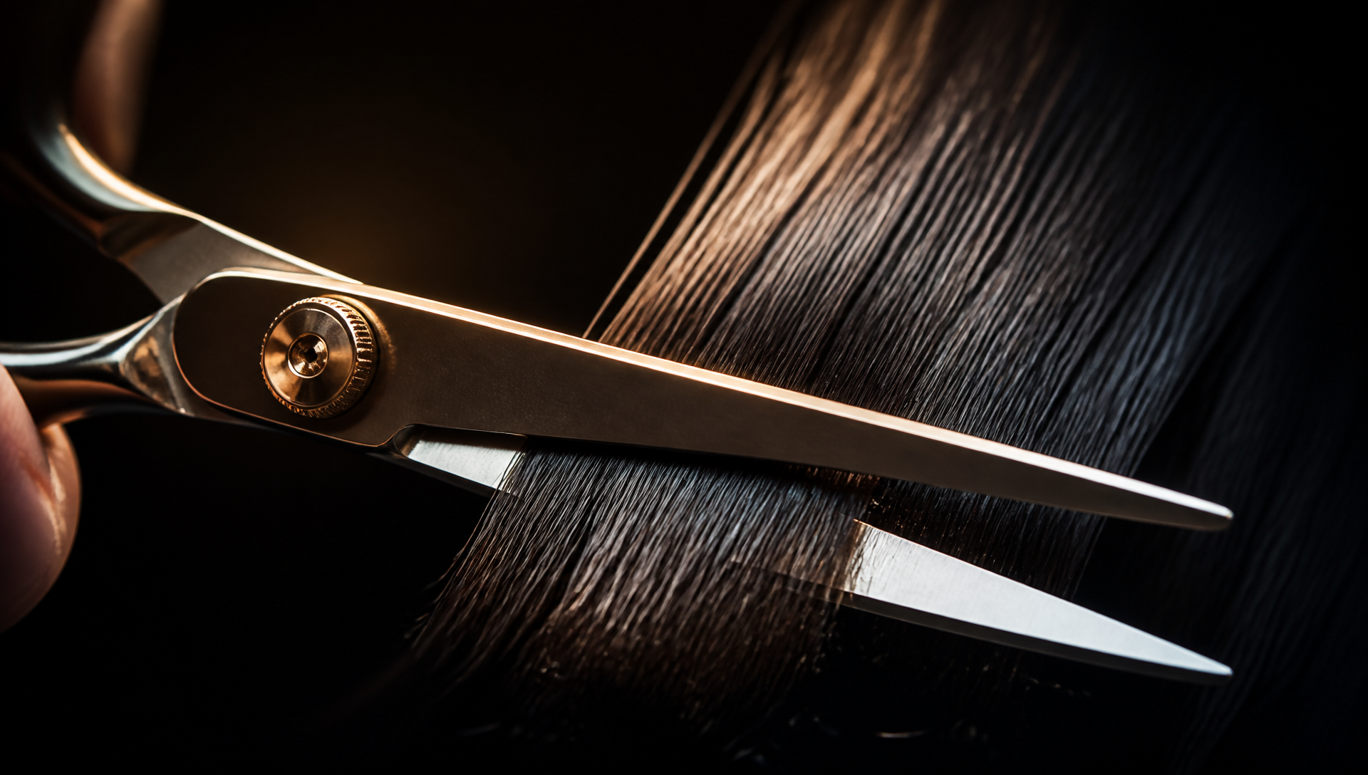 Close-up of professional scissors cutting a strand of hair