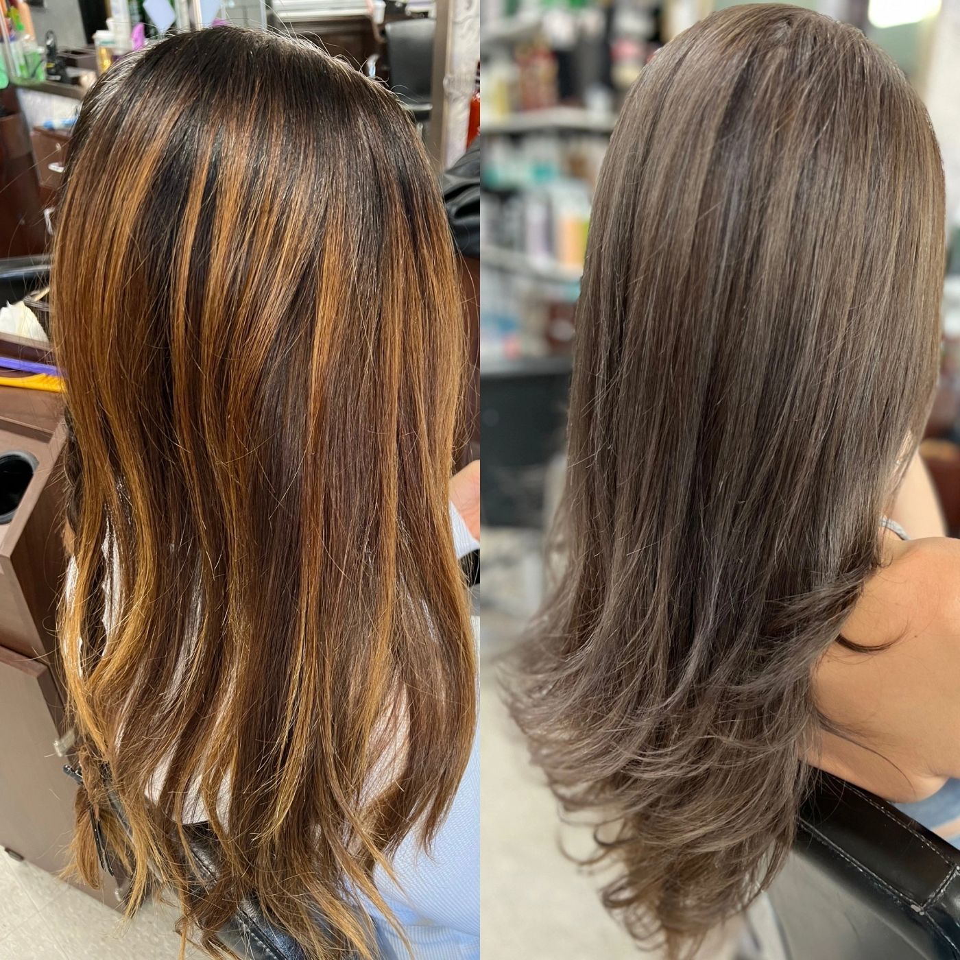 Before and after blonde lightening transformation