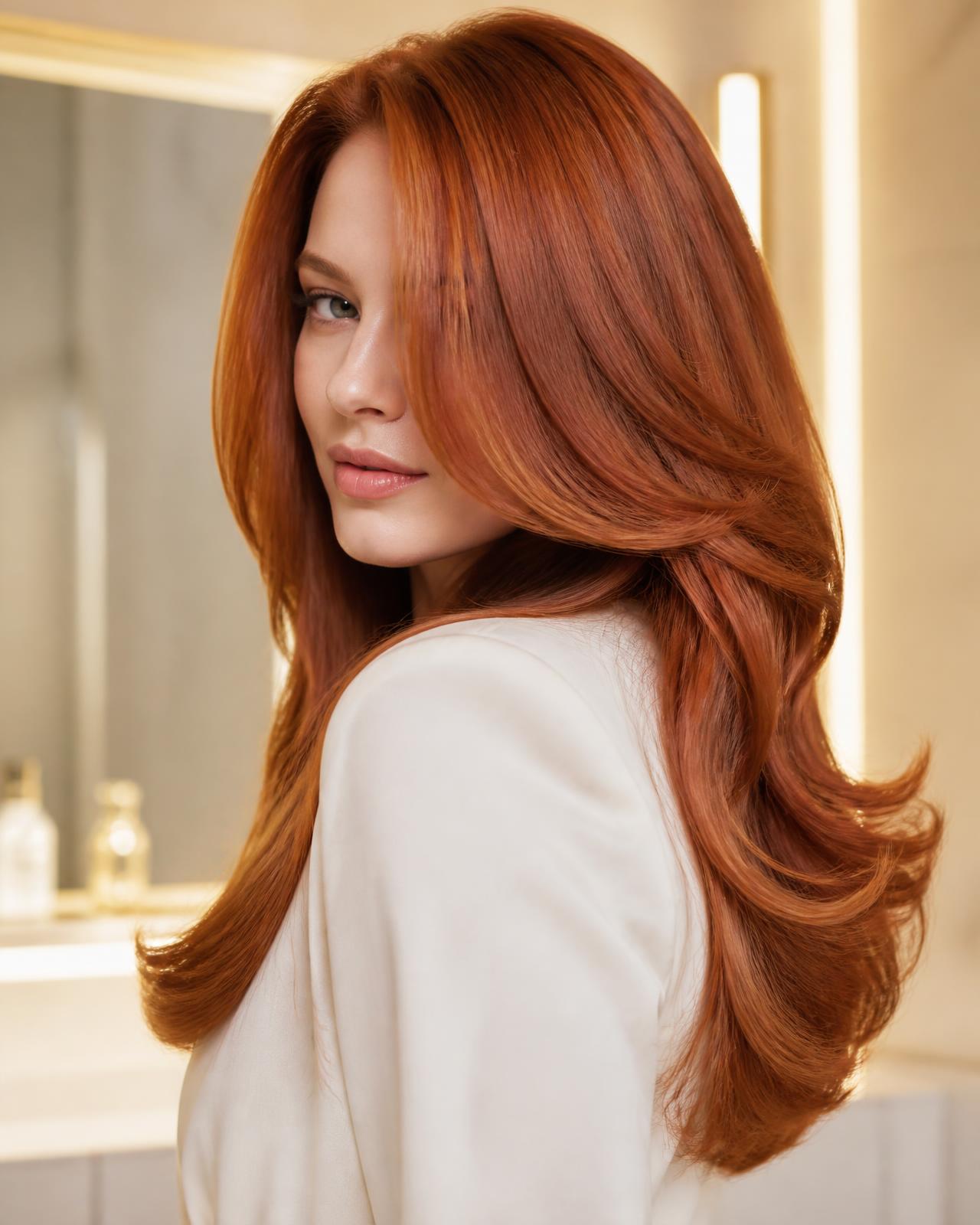Red hair with layered volume and a smooth, glossy Signature Blowout finish